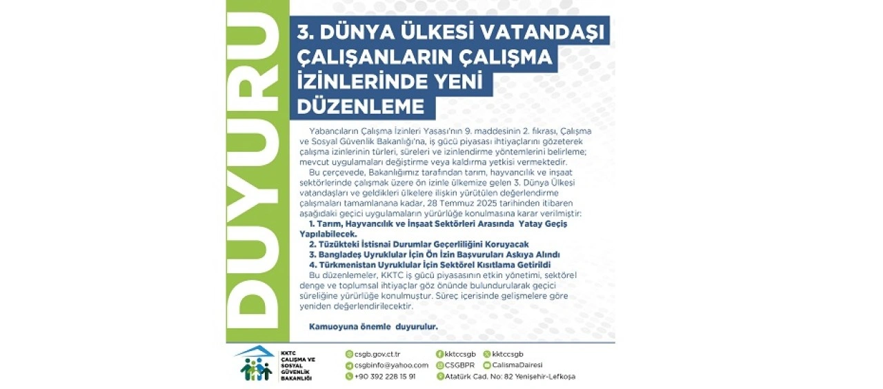 Çalışma Bakanlığı, üçüncü dünya ülkesi çalışanların çalışma izinlerine yeni düzenleme getirdi