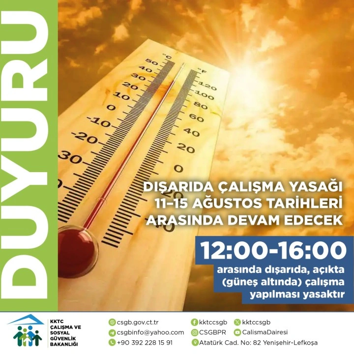 Dışarıda çalışma yasağı 11–15 Ağustos tarihleri arasında devam edecek